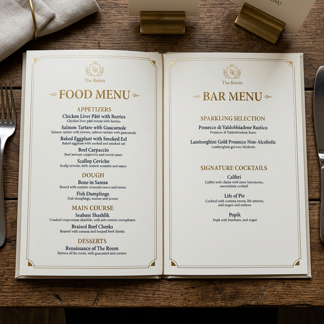 The Room official Food and Bar menu